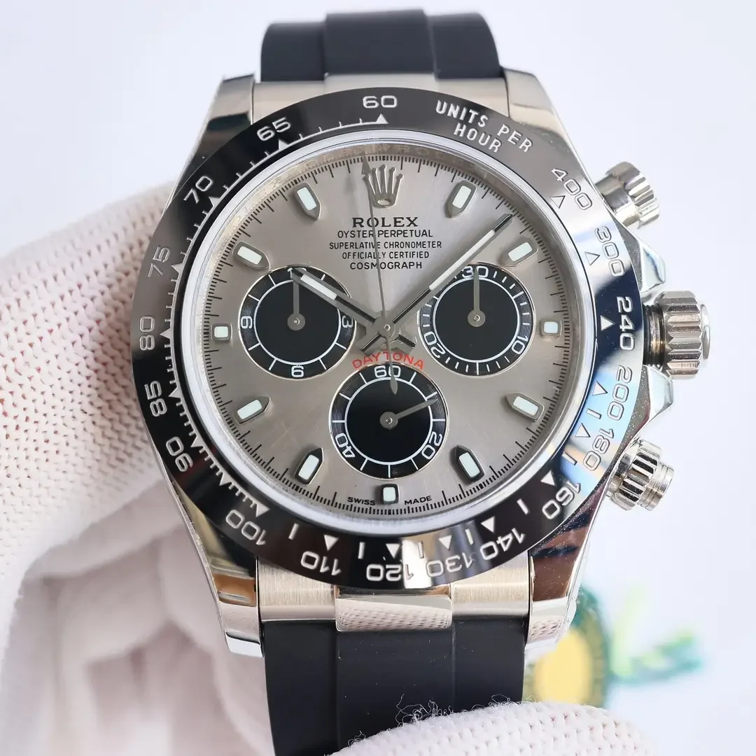 Meteorite dial straight on with the tachymeter scale on the bezel above it, the three dark-ringed counters and the applied markers in view